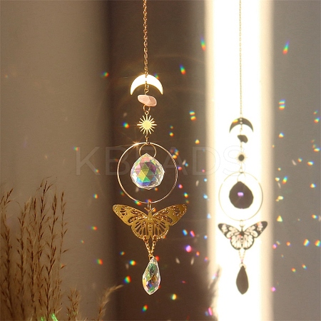 Natural Rose Quartz Brass Moon & Star Hanging Ornaments PW-WG80899-04-1