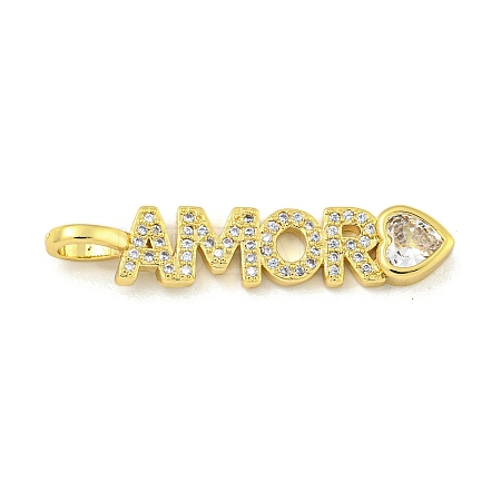 Word AMOR Rack Plating Brass Micro Pave Clear Cubic Zirconia Pendants KK-Z053-11G-01-1