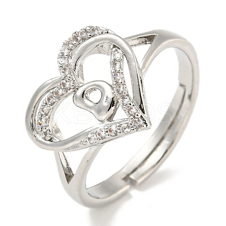 Heart with Letter Rack Plating Brass Micro Pave Clear Cubic Zirconia Adjustable Rings for Women RJEW-I105-01P-D-1