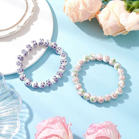 2Pcs 2 Colors Handmade Flower Printed Porcelain Ceramic Round Beads Stretch Bracelets for Women BJEW-JB12091-1