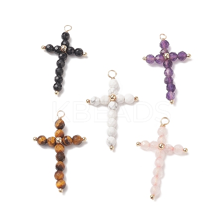 Natural Mixed Stone Faceted Round Copper Wire Wrapped Pendants PALLOY-JF02011-1