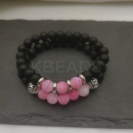 Natural Lava Rock & Frosted Stone Round Beads Stretch Bracelet Set Women DF9720-1-1