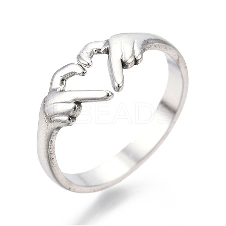 Non-Tarnish 304 Stainless Steel Hand Heart Cuff Rings LS-RJEW-N038-121P-1