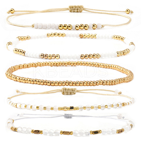 5Pcs Glass & Metal Gold & White Beaded Bracelet Sets AB9103-2-1