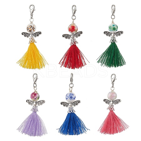 6Pcs 6 Colors Angel Handmade Flower Printed Porcelain & Polycotton Tassel Pendant Decorations HJEW-JM03299-S-1
