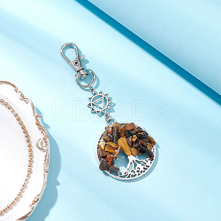 Natural Tiger Eye Chips Beads & Alloy Tree of Life Pendant Decorations HJEW-JM03128-05-1