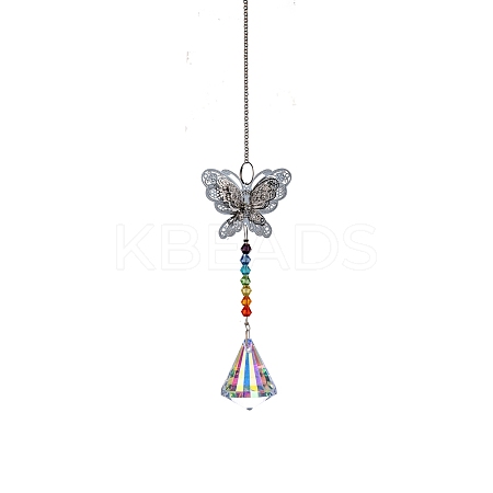 Glass Prisms Sun Catcher Hanging Prism Ornaments with Iron Butterfly HJEW-PW0002-14F-1