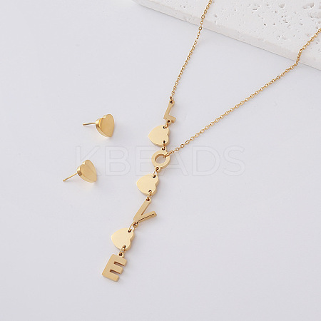 304 Stainless Steel Stud Heart Earrings & Letter LOVE Tassel Necklaces Sets for Women IY3689-4-1