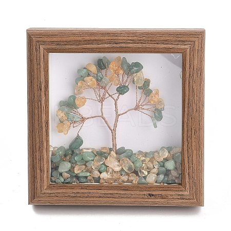Natural Green Aventurine and Yellow Quartz Chips Tree of Life with Wooden Photo Frame Decorations DJEW-B013-04D-1