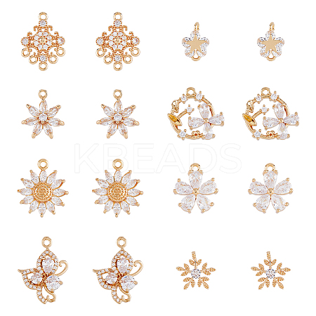 16Pcs 8 Styles Brass Micro Pave Cubic Zirconia Pendants KK-DC0002-83-1