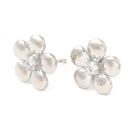 Brass Flower Stud Earrings with Clear Cubic Zirconia EJEW-Q770-10P-1