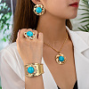 Round Alloy & Synthetic Turquoise Pendant Necklace & Stud Earring & Cuff Bangle & Rings Sets FS-WG9CCFC-01-2