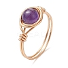 Round Natural Amethyst/Green Aventurine/Carnelian/Rose Quartz/Tiger Eye/Lapis Lazuli Braided Finger Ring RJEW-JR00743-02-3