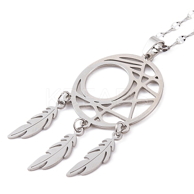Non-Tarnish Woven Net/Web with Feather 201 Stainless Steel Boho Pendant Necklaces for Women NJEW-G087-09P-1
