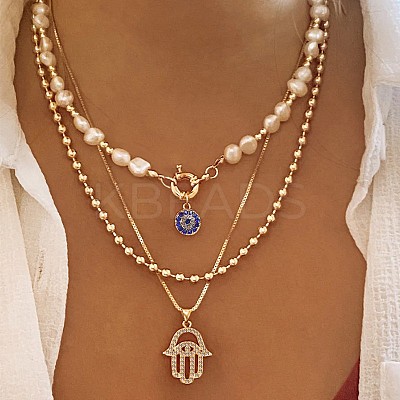 Zinc Alloy Iron Sapphire Rhinestone Hamsa Hand Pendant 3 Layer Necklaces FS-WGD7493-01-1