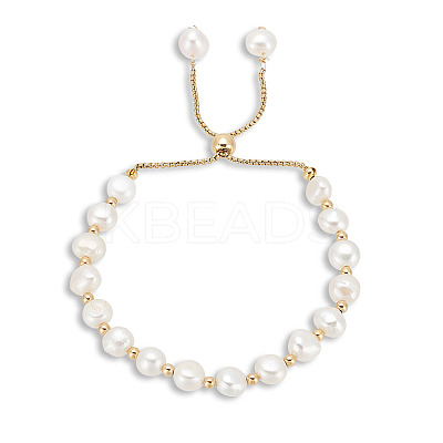 Dyed Natural Pearl & Brass Round Beaded Slider Bracelet BJEW-AN0001-02-1