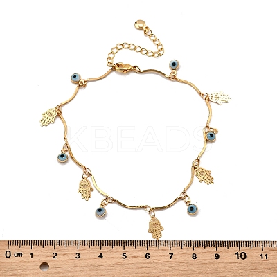 Bohemian Brass & Resin Light Blue Evil Eye & Hamda Hand Tassel Anklets AJEW-Z046-01G-1