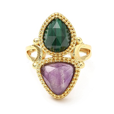 Natural Amethyst & Gemstone Twist Rhombus Adjustable Ring RJEW-C044-01G-1