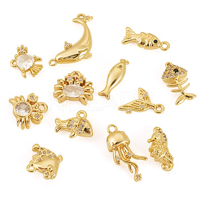 12Pcs 12 Styles Ocean Theme Brass Micro Pave Cubic Zirconia Pendants KK-TA0003-33-1