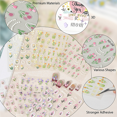 6 Sheets 6 Styles Tulip Pattern Self Adhesive PET Nail Art Stickers Decals MRMJ-SP0001-20-1