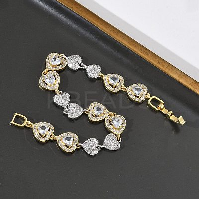 Heart Micro Pave Clear Cubic Zirconia Link Chain Bracelets for Women BJEW-C156-08B-GP-1