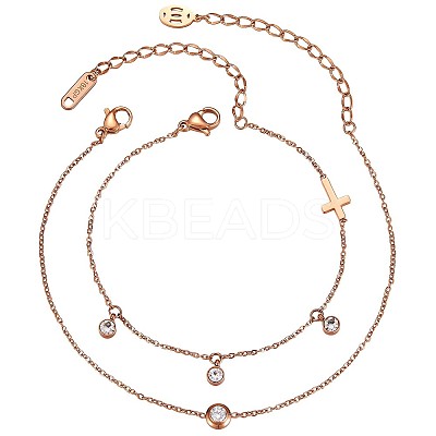 2Pcs 2 Style Flat Round Cubic Zirconia Charm Anklet with Cross JA195A-1