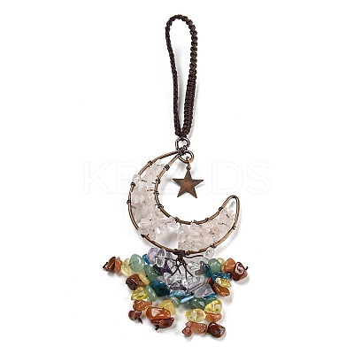Wire Wrapped Brass Moon & Natural Rose Quartz Pendant Decoration HJEW-C006-02F-1