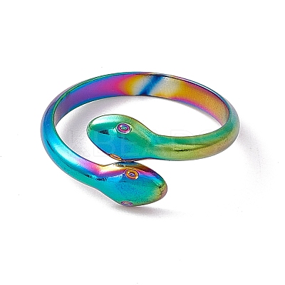 Ion Plating(IP) 304 Stainless Steel Double Snake Open Cuff Ring for Women RJEW-C045-14M-1