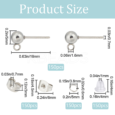 150Pcs 202 Stainless Steel Ball Stud Earring Findings STAS-SP0001-52C-P-1