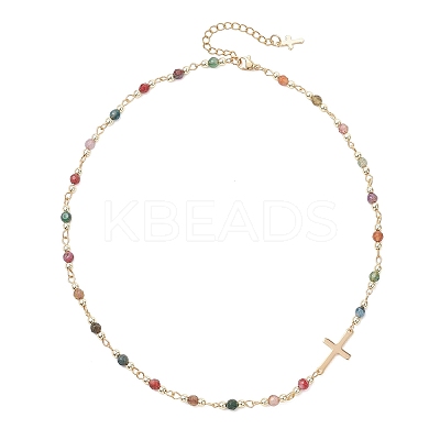 Faceted Natural Indian Agate Round Beads & 304 Stainless Steel Tiny Cross Handmade Link Chain Necklaces NJEW-JN05842-03-1