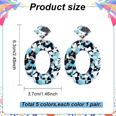 5 Pair 5 Color Acrylic Hollow Oval Dangle Stud Earrings with Steel Iron Pins for Women EJEW-AN0004-04-1