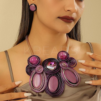 Aluminum Wire Wrapped Resin Beaded Oval Pendant Necklaces & Flat Round Stud Earrings Sets WG92AA6-03-1