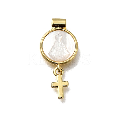 Brass Pave Natural White Shell Flat Round with Cross Pendants KK-C090-40G-1
