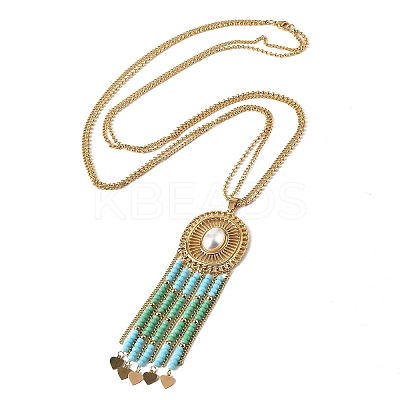 Bohemian 304 Stainless Steel & Imitation Pearl Oval Pendant Necklaces NJEW-Z061-10G-01-1