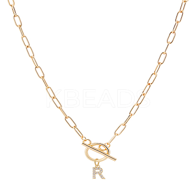1Pc 304 Stainless Steel Chain & Brass Micro Pave Cubic Zirconia Letter Pendant Necklaces NJEW-LP0001-36R-G-1