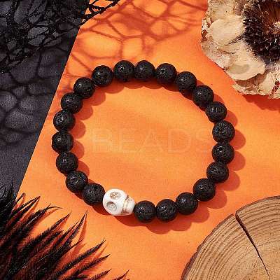 8.5mm Round Natural Lava Rock Beaded Stretch Bracelets BJEW-JB10465-04-1
