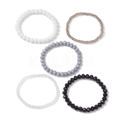 5Pcs 5 Styles Faceted Round Glass Beaded Stretch Bracelet Sets BJEW-JB10423-03-1