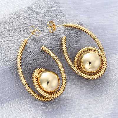 Spiral with Round Brass Stud Earrings EJEW-R025-04G-1