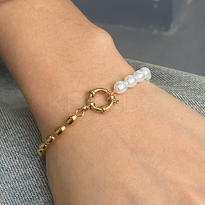 Fashion Plastic Pearl & 304 Stainless Steel Oval Beaded Link Bracelets for Women UP6693-1