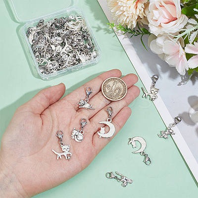 60Pcs 6 Styles Cat Alloy Pendant Decorations HJEW-GO00223-1