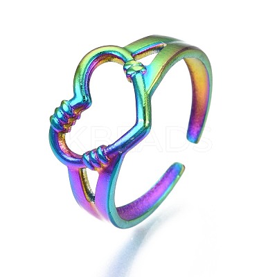 304 Stainless Steel Hollow Heart Cuff Ring RJEW-N038-053-1