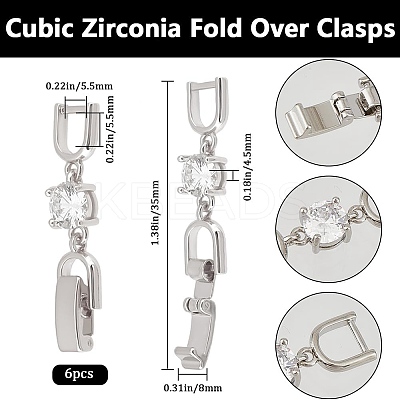 6Pcs Extender Clasps Brass Micro Pave Cubic Zirconia Fold Over Extension Clasps FIND-BBC0003-54B-1