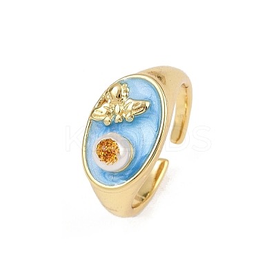Brass Sky Blue Enamel Flower Cuff Rings RJEW-C139-17B-G-1