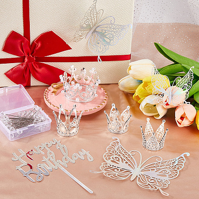 Alloy Rhinestones Crown & Acrylic Cake Toppers & Paper Wall Stickers and Crystal Head Steel Sewing Craft Positioning Needles for Birthday Cake Decoration DIY-SP0003-27S-1