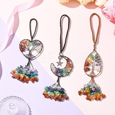 3Pcs 3 Styles Copper Wire Wrapped Chakra Natural Gemstone with Tree of Life Pendant Decorations HJEW-CJ0001-22-1