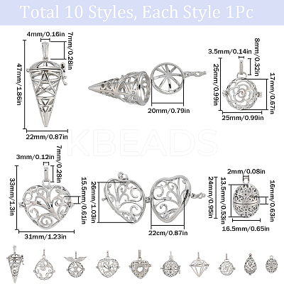 10Pcs 10 Styles Hollow Brass Cage Pendants KK-SC0004-29-1