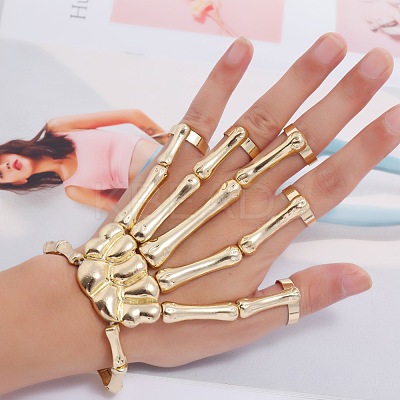 Halloween Themed Skull Alloy Full Hand Ring Bracelet BJEW-L680-01G-1