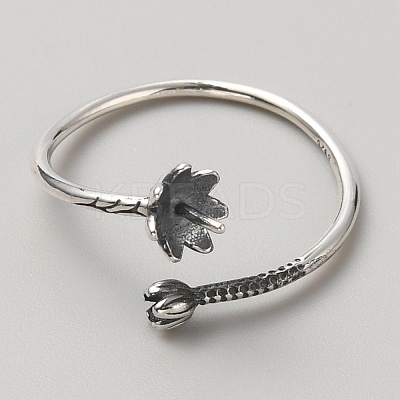 925 Sterling Silver Open Cuff Design Ring Mounts Fittings with Pearl Seat STER-WH0016-09AS-1