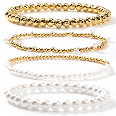 4Pcs 4 Styles Minimalist Brass & Plastic Imitation Pearl Round Beads Stretch Bracelets for Women OV6475-1-1
