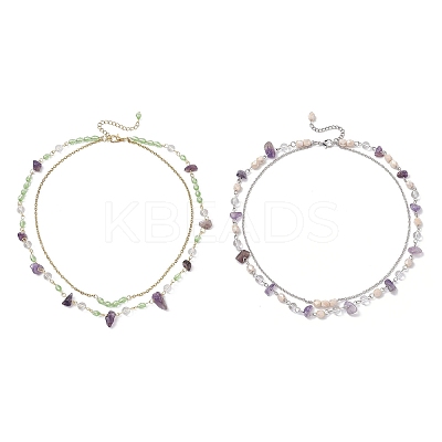 2Pcs 2 Styles Natural Amethyst Chip & Glass & 304 Stainless Steel Handmade Link Chain Double Layer Necklaces for Women NJEW-JN05363-1